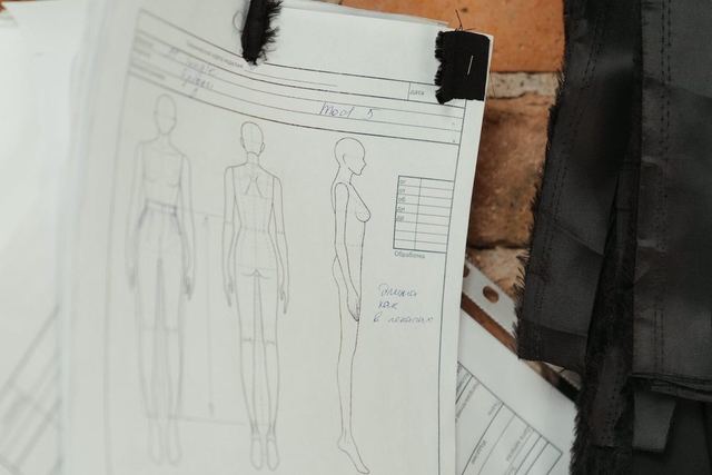 Schnittmusterbögen mit Modezeichnungen und Stoff auf einem Tisch